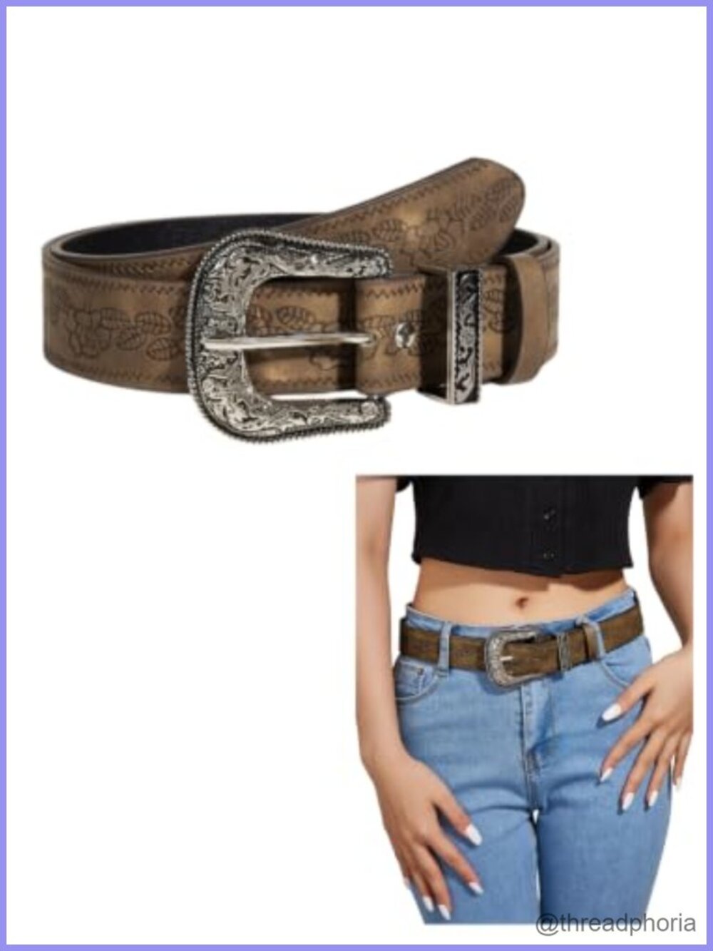 Western Floral Embossed Vintage PU Leather Belt Engraved Buckle Adjustable